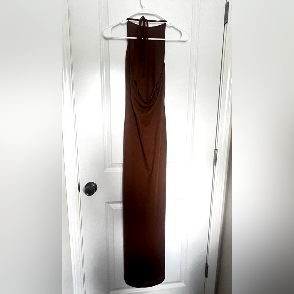 zara brown halter neck maxi dress with leg slit